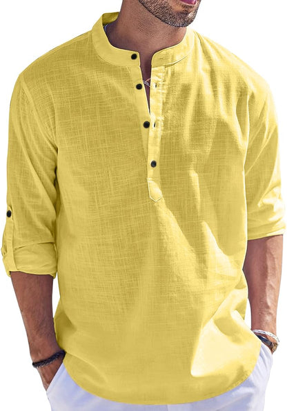 Hemrin Men Solid Cotton Blend Straight Kurta Shirt Yellow
