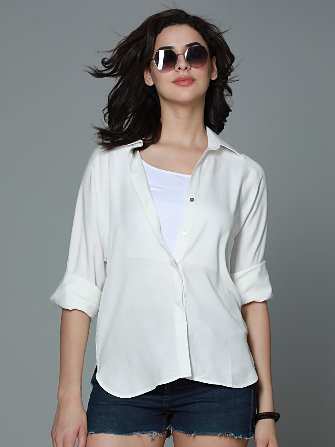 High Star WomenS Solid Oversized Fit Shirt (Hswshs2401_Off White