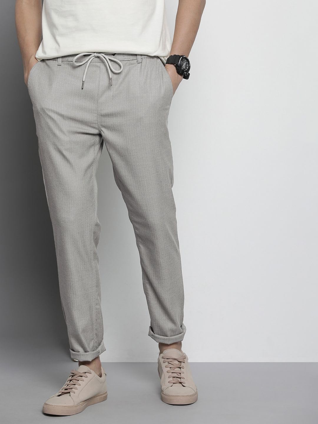 The Indian Garage Co Men Regular Fit Self Design Mid-Rise Stretchable Jogger Trousers Grey
