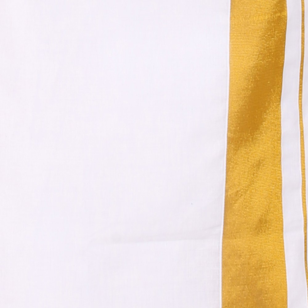 Prakasam Cotton Solid White Double Layer Dhoti With Golden Jari Border Dhoti For Mens (1.26 X 3.60 Meter) 2 Inch Jari Border (8
