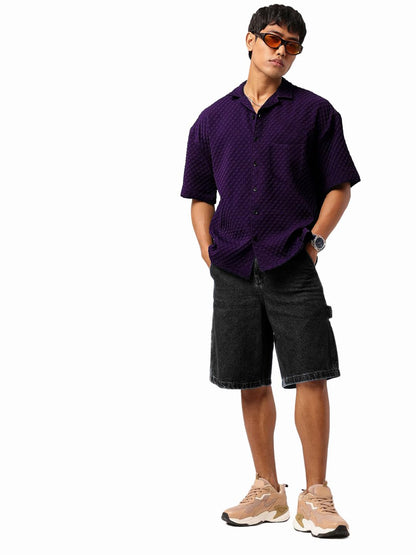 Tee Projekt Mens Regular Fit Popcorn Shirt Half Sleeve Spraed Collar Shirt Purple