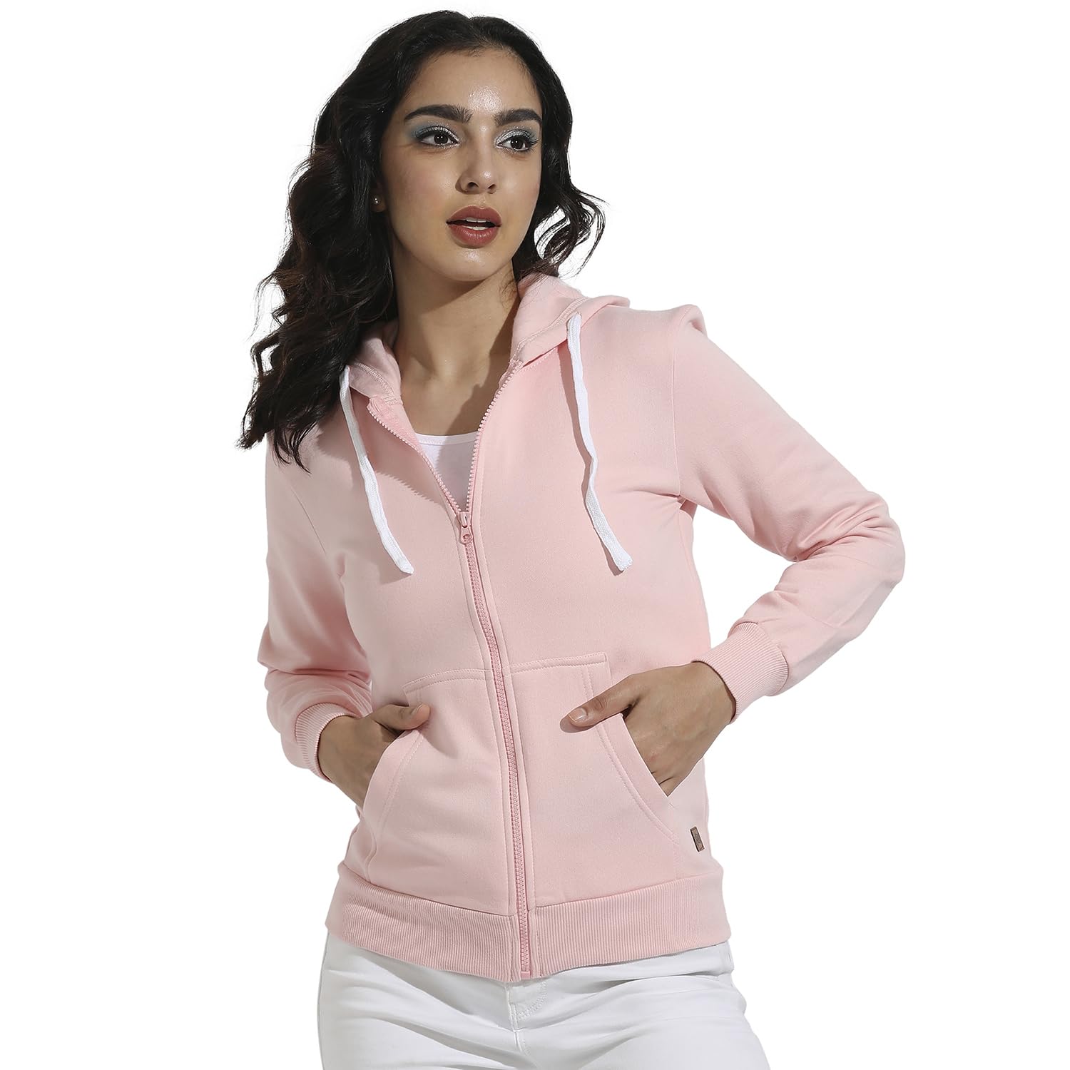 Campus Sutra Womens Light Pink Zip-Front Hoodie with Ribbed Hem for Casual Wear | Hooded Neck | Long Sleeve | Zipper Closure |