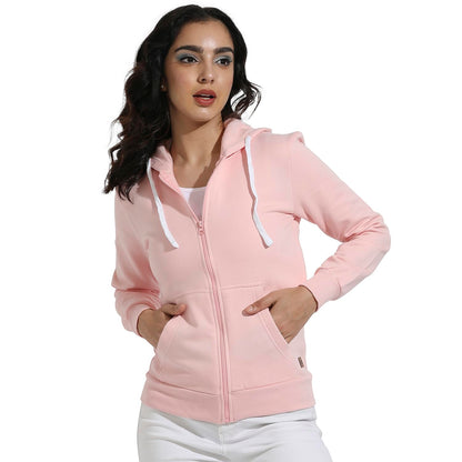Campus Sutra Womens Light Pink Zip-Front Hoodie with Ribbed Hem for Casual Wear | Hooded Neck | Long Sleeve | Zipper Closure |