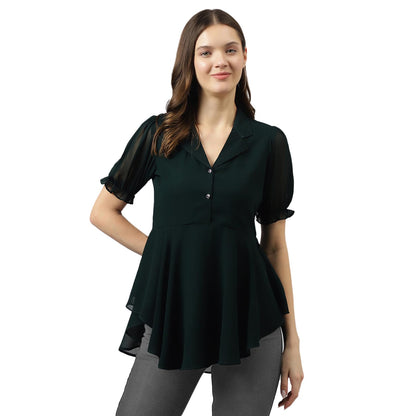 Toochki Womens Bottle Green Georgette Solid Flared Western Top | Winter Top | Western Top | Top for Women | Latest Women Top |