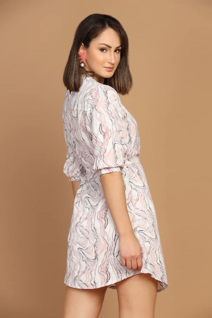 Om Sai Latest Creation Western Dress For Women || Rayon Marble Printed Short Dresses For Women || Front Plated Neck With Buckle