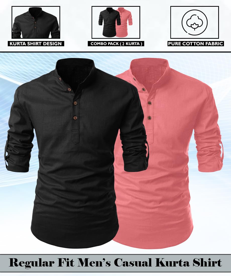 Finivo Fashion Combo Of MenS Regular Fit Cotton Blend Solid Full Sleeves Kurta | Short Kurta For Men (Pack Of 2)