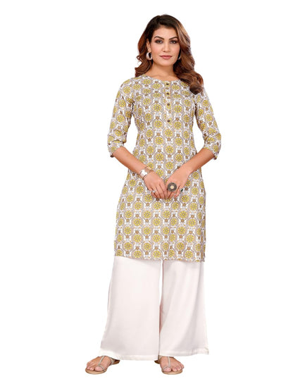 Rangita Off White Rayon Straight Printed Knee Length Kurti | Kurta For Women_Xl