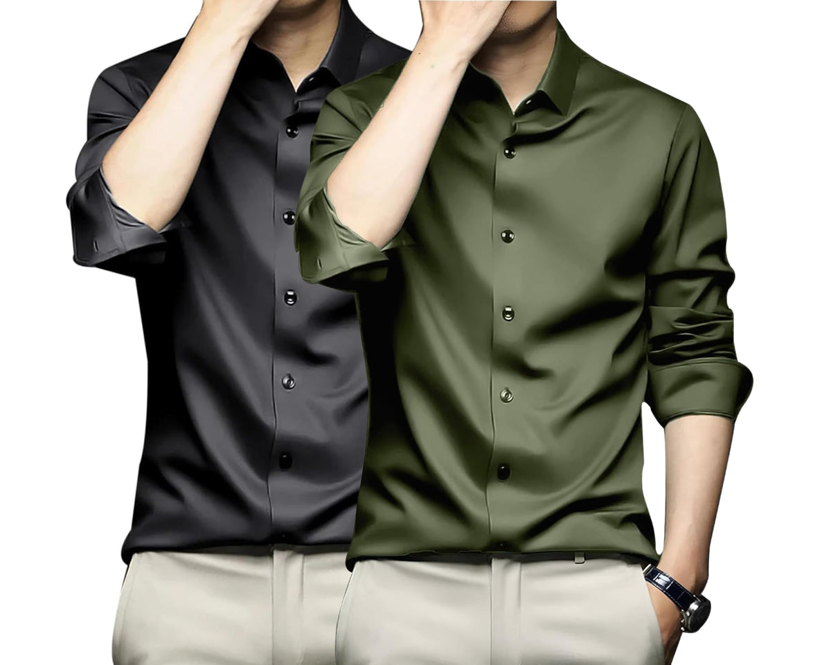 Deelmo Combo Of MenS Stylish Solid Satin Casual Shirt For Men Full Sleeves| Poly Satin Silk Shirt Pack Of 2