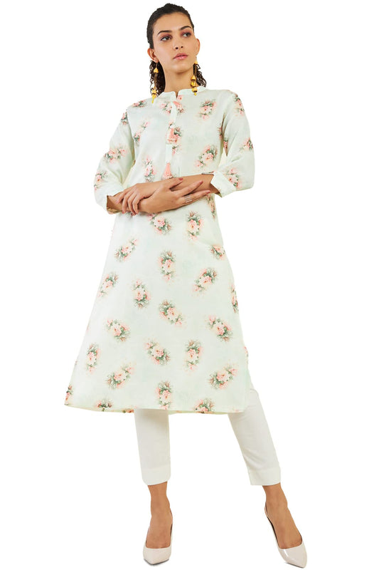 Soch Women Light Green Linen Printed Kurta