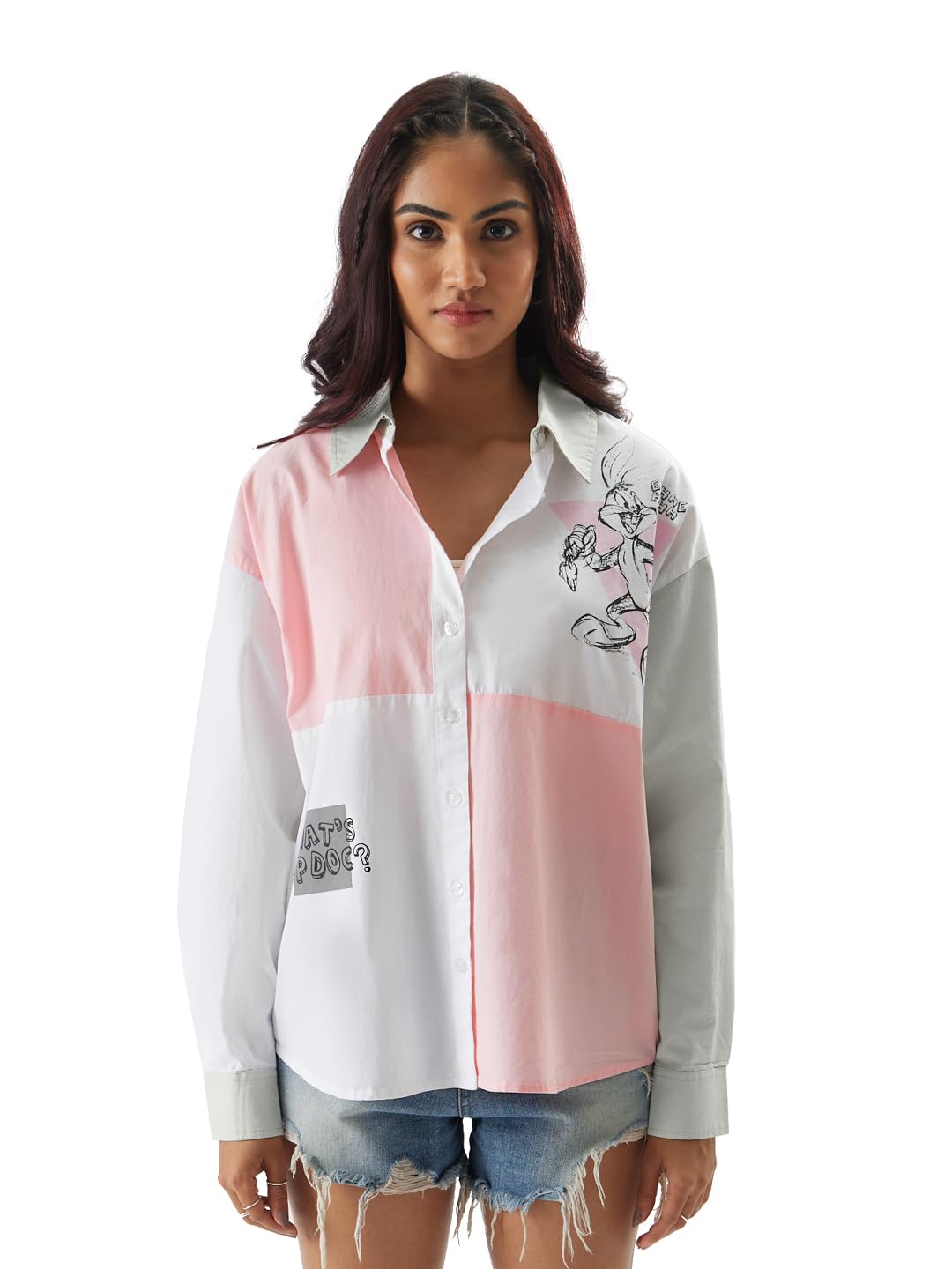 The Souled Store Official Looney Tunes: Bugs is Back Women and Girls Oversize Fit Full Sleeve Cotton Multicolor Boyfriend Shirt