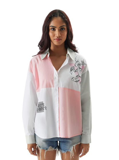 The Souled Store Official Looney Tunes: Bugs is Back Women and Girls Oversize Fit Full Sleeve Cotton Multicolor Boyfriend Shirt