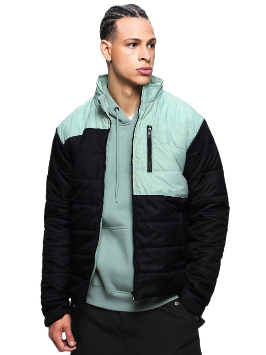 Bewakoof Mens Color Block Black Stand Collar Long Sleeve Oversized Jacket