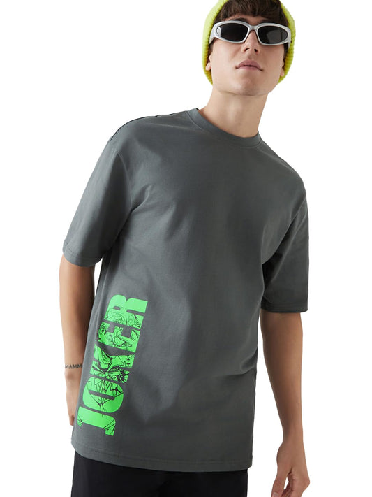 Bewakoof Offcial DC Merchandise Joker Mens Typography Oversized Fit Half Sleeve Round Neck Cotton Jersey T-Shirt_646653_Grey_XL