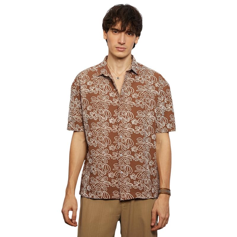 Campus Sutra Mens Mocha Brown Floral-Lined Oversized Shirt for Casual Wear | Spread Collar | Short Sleeve | Button Closure | Ov