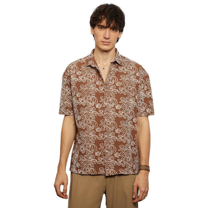 Campus Sutra Mens Mocha Brown Floral-Lined Oversized Shirt for Casual Wear | Spread Collar | Short Sleeve | Button Closure | Ov