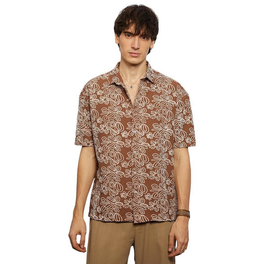 Campus Sutra Mens Mocha Brown Floral-Lined Oversized Shirt for Casual Wear | Spread Collar | Short Sleeve | Button Closure | Ov