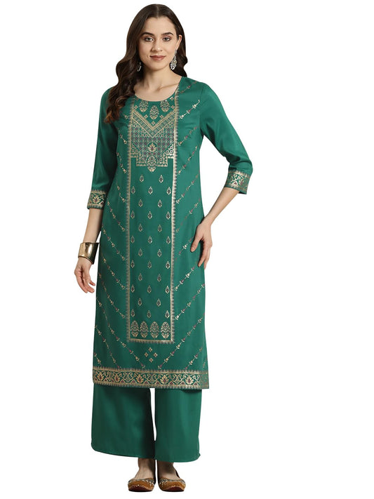 ZIYAA Women Green Color Chinon Straight Foil Printed Kurta And Palazzo Set