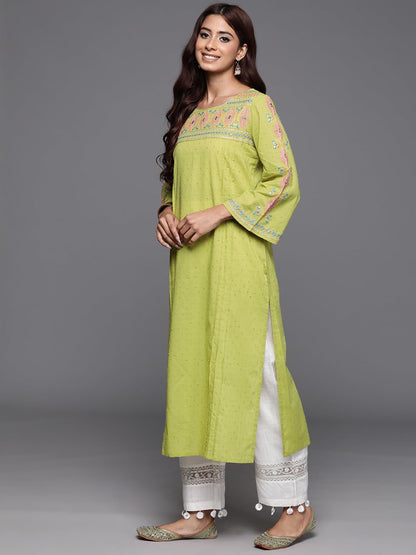 Varanga Women Lime Green Embellished Round Neck Straight Kurta, Thread & Sequins Work, Flared Sleeve, Side Slit, Stylish & Comfo