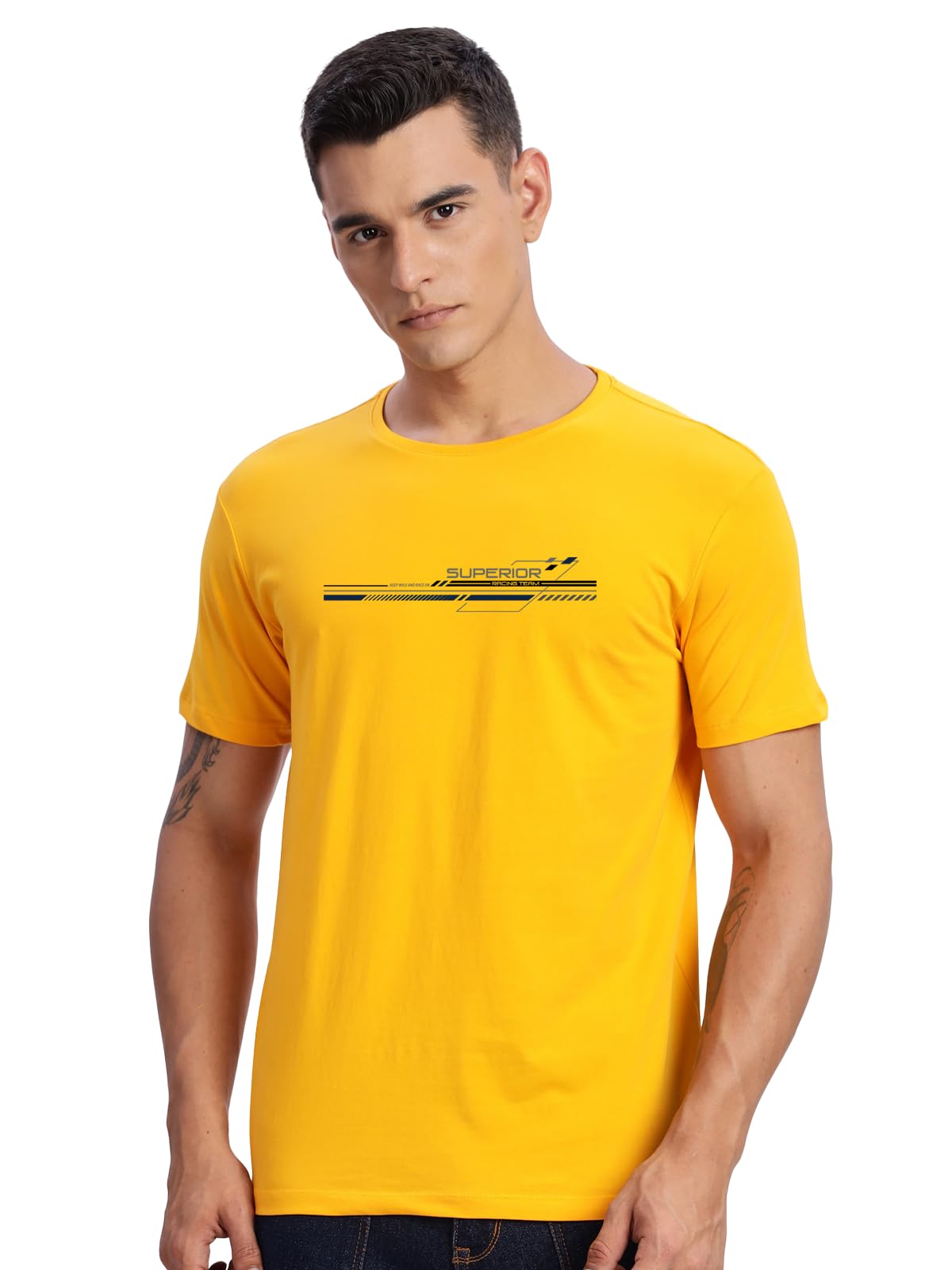 ADRO Men's Graphic Printed 100% Cotton T-Shirt - Regular Fit, Printed T-Shirts for Men (RN24-RAC-MU_Mustard)