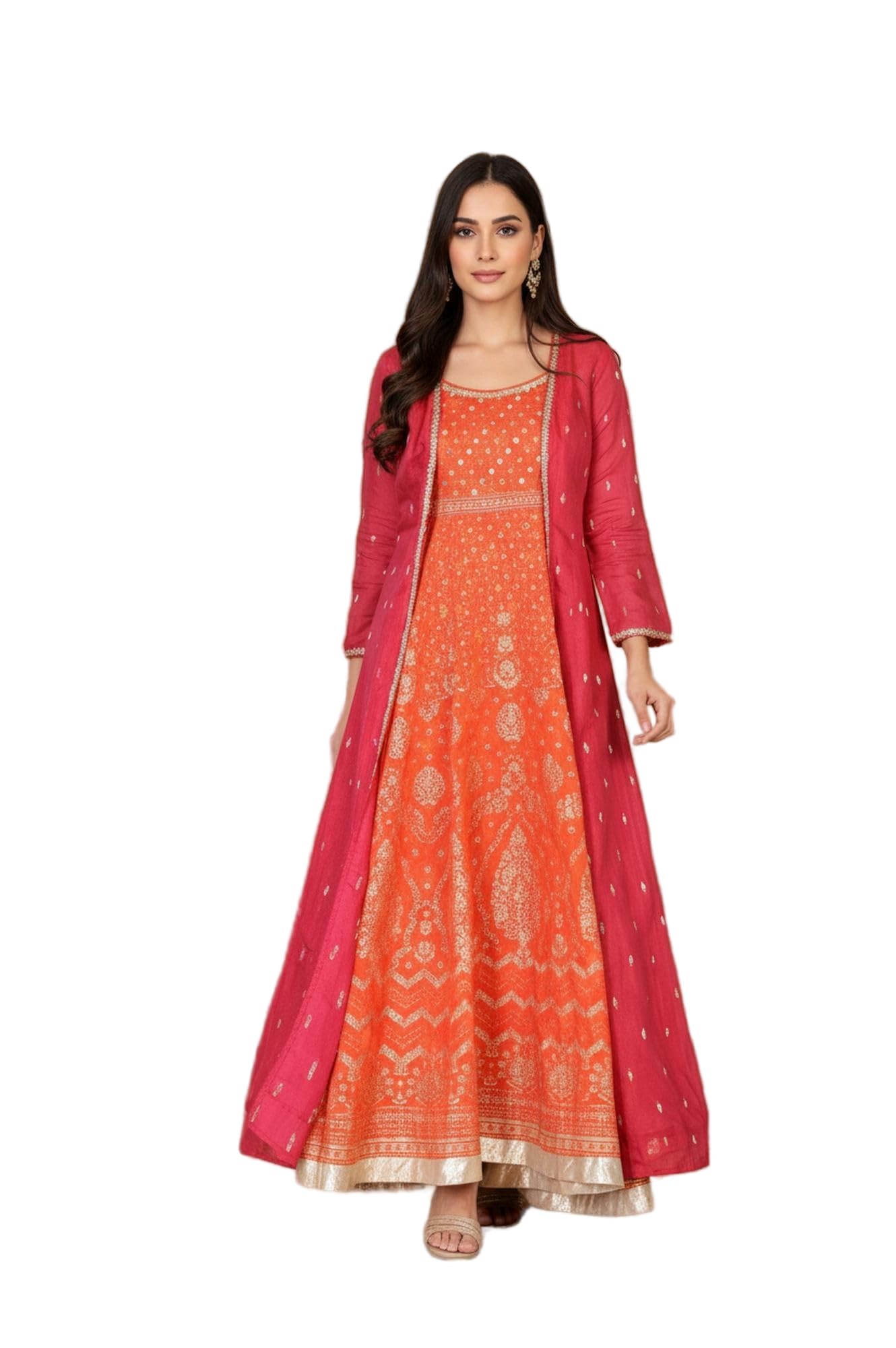 Aurelia Women's Orange Ethnic Motifs Gold Print Anarkali Woven Kurta with Jacket Set (AS16173-509921-S)