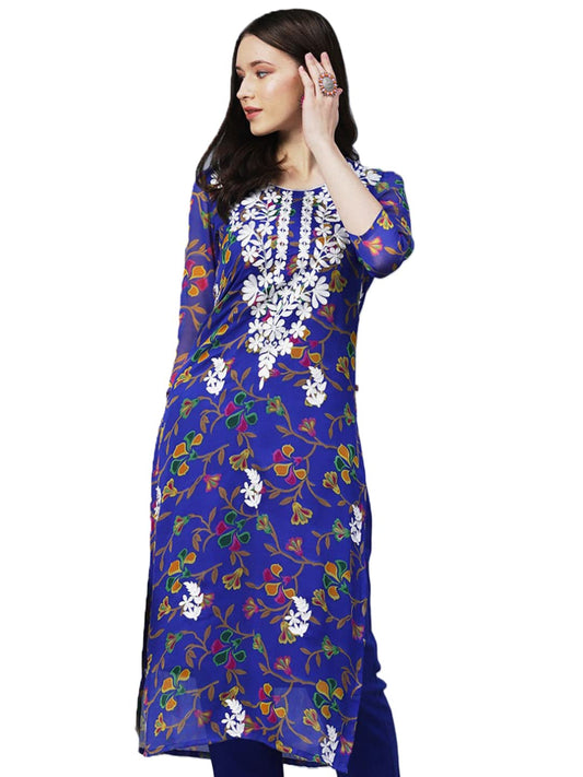 GoSriKi Women's Printed Georgette Chikankari Embroidered Kurti (Gori-Blue-Nw-GS)