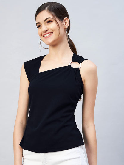 Rare Women Casual Navy Blue Colour V-Neck Solid Regular Top
