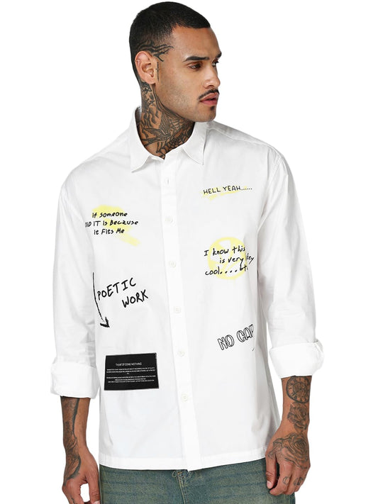 Bewakoof MenS Typography Oversized Fit Full Sleeve Collared Cotton Poplin Shirt_687618_White_Xl