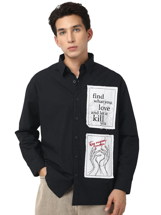 Bewakoof Mens Graphic Print Oversized Fit Full Sleeve Collared Poplin Shirt_666750_Black_XL