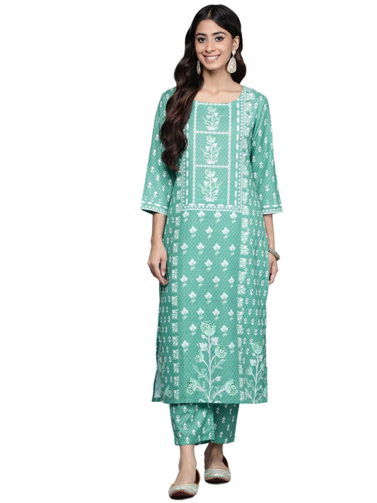 Varanga Women Sea Green Printed Kurta Set Paired with Printed Bottom