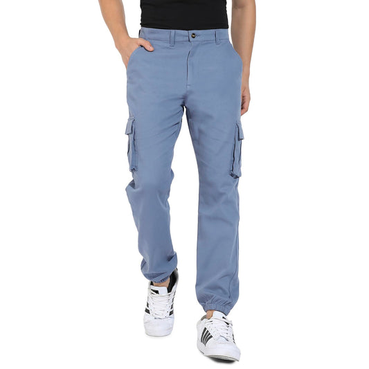 Campus Sutra Mens Blue Cuffed Hem Cargo Trousers for Casual Wear | 6 Pockets | Regular Fit | Button Closure | Cotton Poly Cargo