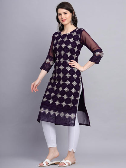 Ekasya WomenS Georgette Straight Cut Sweetheart Round Neck Kurta With Beautiful Lucknowi Chickenkari Embroidery Work (E1606) Wi