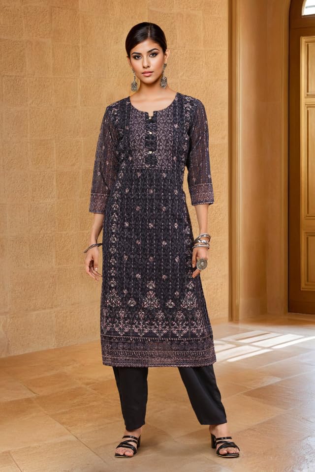 Soch Womens Black Print With Embroidery Georgette Kurta Set With Sequins