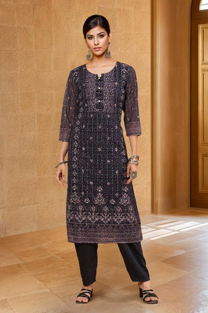 Soch Womens Black Print With Embroidery Georgette Kurta Set With Sequins
