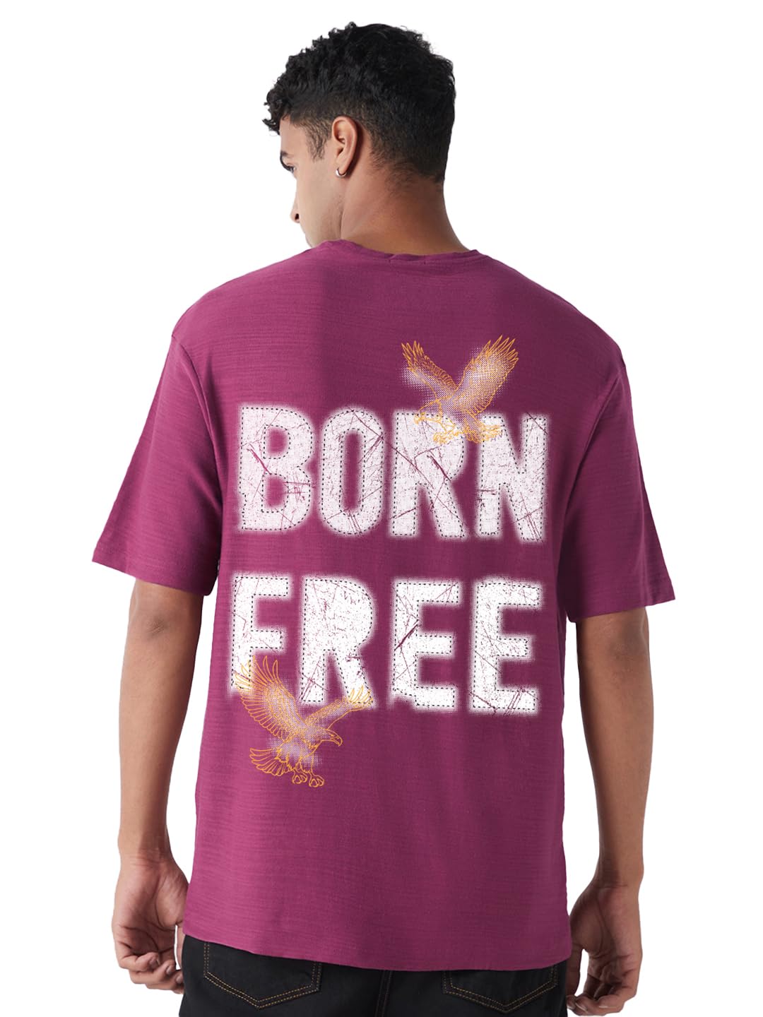 Bewakoof Air 1.0 Mens Graphic Print Oversized Fit Half Sleeve Round Neck Cotton Slub T-Shirt_677477_Purple_XL
