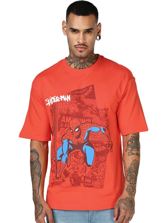 Bewakoof Heavy Duty 1.0 Official Marvel Merchandise Spiderman MenS Graphic Printed Oversized Fit Half Sleeve Round Neck Terry T