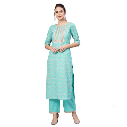 idaLia Gold Printed Straight Cotton Kurta with Palazzo Pant Set ?Stylish Kurta Sets for Wedding & Festive Occasions ?3/4 Sleeve, Boat Neck, Calf Length, Kurta Set for Women