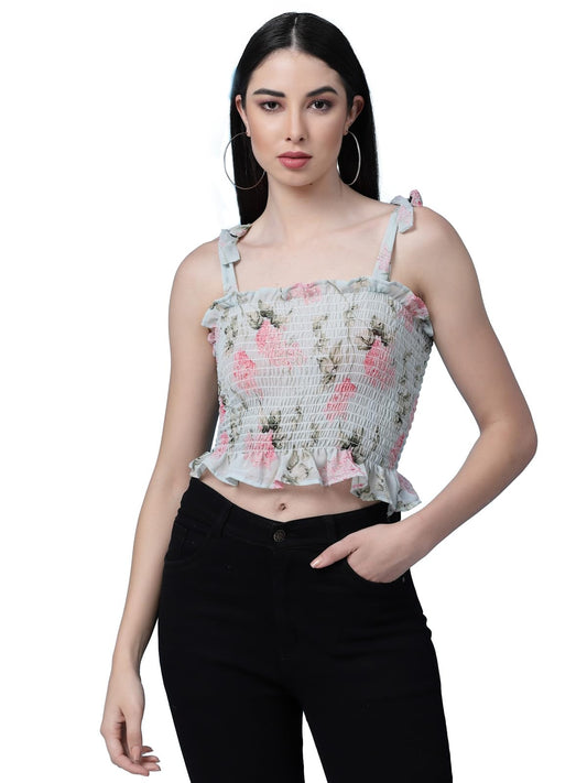OOMPH! Sleeveless Floral Crop Tops for Women Western, Blue - mt604