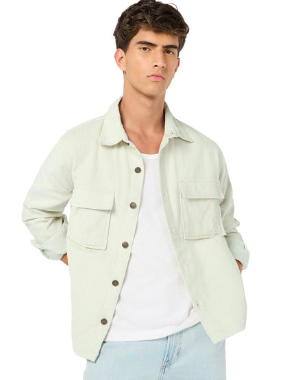 Bewakoof Men Solid Regular Fit Full Sleeve Collar Corduroy Jacket_691925_Green_S
