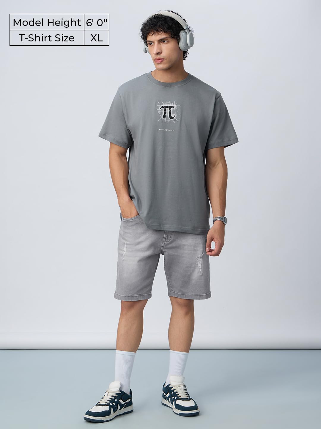 The Souled Store Irrational as Pi Men and Boys Short Sleeves Round Neck Grey Embroidered Relaxed Fit Lightweight All-Season Cott