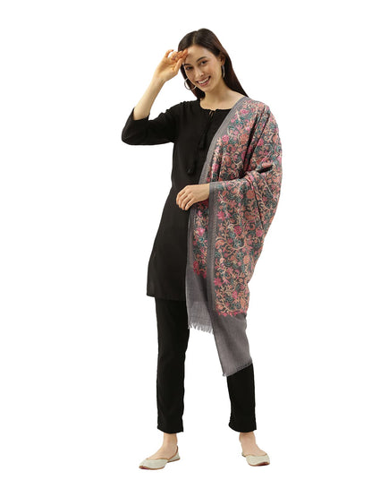 Pashmoda Womens 100% Pure Wool Nalki Embroidered Stole, Shawl and Wrap, Woolmark Certified, Sustainable and Natural Fabric (Size