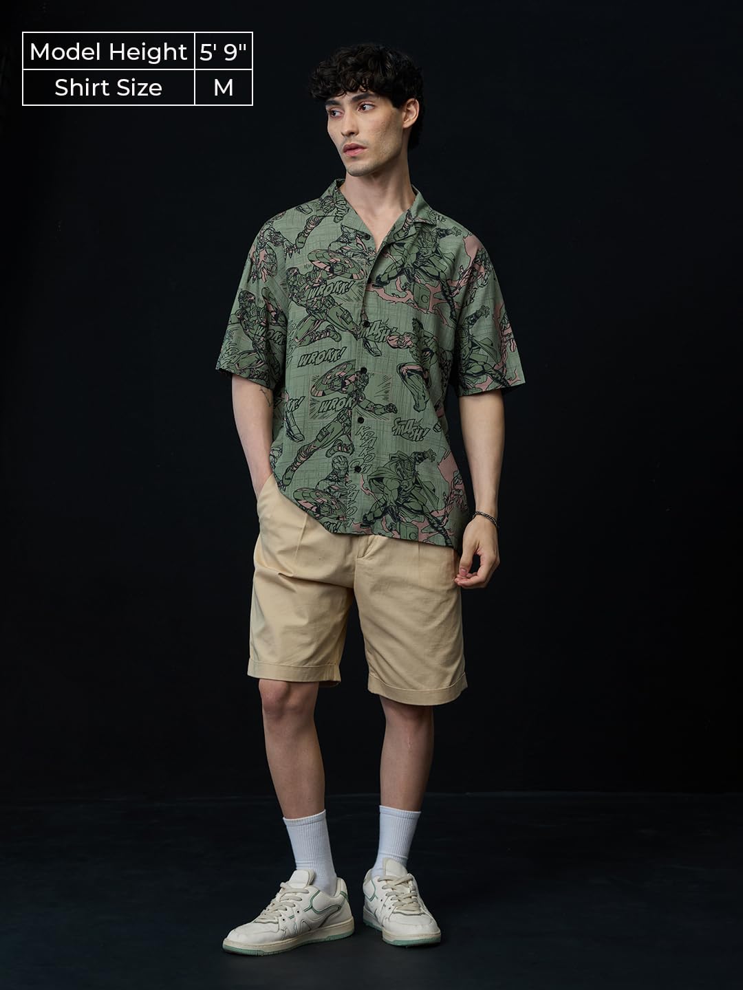 The Souled Store Avengers: Comics Men and Boys Short Sleeves Collared Neck Button Front Green All Over Printed Viscose Oversized