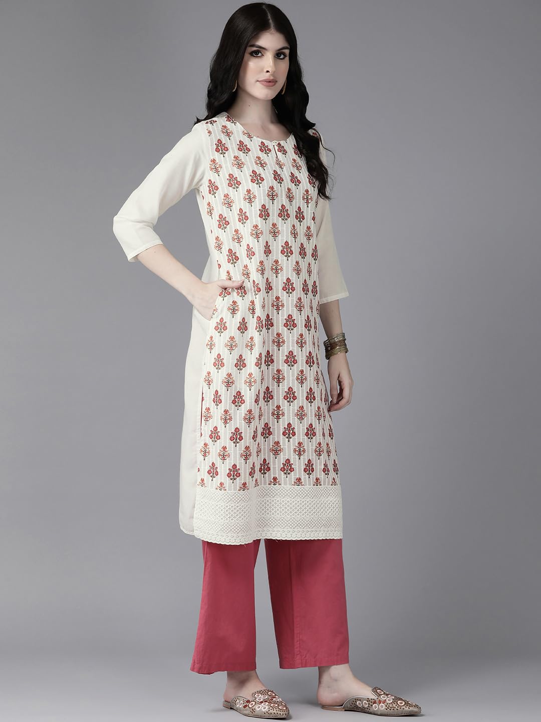 Aarika Womens Cream-Orange Color Cotton Kurti