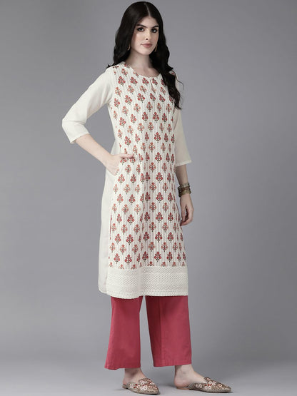 Aarika Womens Cream-Orange Color Cotton Kurti