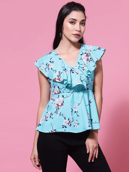 OOMPH! Womens Crepe Printed top with V-Neck and Ruffle Sleeve