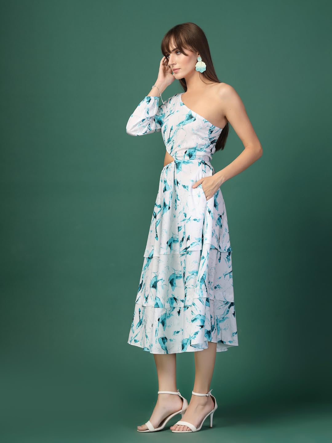 Oomph! WomenS Western & Fusion Wear Printed Crepe Dress For Women, One Shoulder, Blue - Md1081