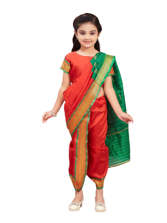 Aarika Girls Ethnic Wear Red Colour Shree Nav Silk Saree (4-9 Years)