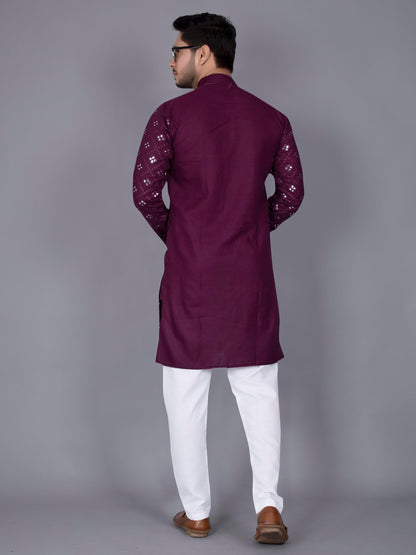 Xepon MenS Cotton Traditional Chikankari Mirror Work Embroidered Casual Knee Length Long Sleeve Mandarin Neck Straight Kurta Fo