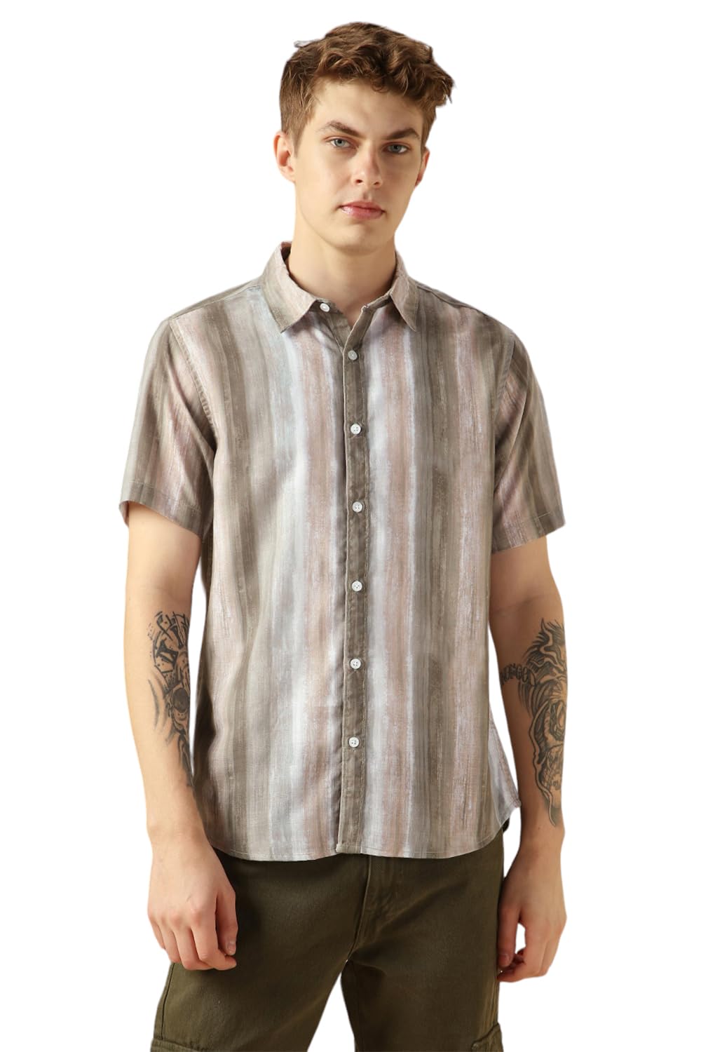 Dennis Lingo MenS Brown Cotton Spread Collar Short Sleeves Printed Shirts