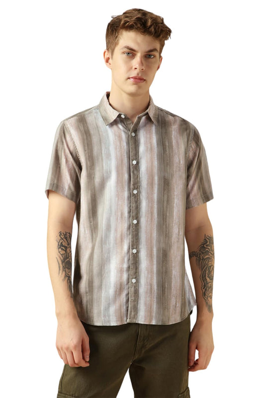 Dennis Lingo MenS Brown Cotton Spread Collar Short Sleeves Printed Shirts