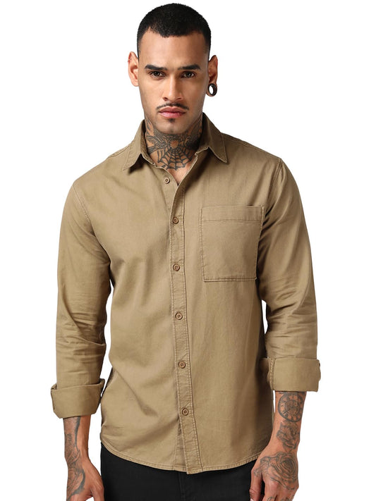 Bewakoof MenS Washed Regular Fit Full Sleeve Collared Cotton Twill Shirt_685451_Brown_Xl